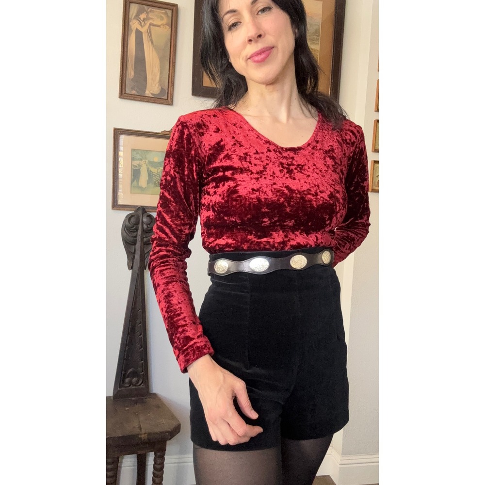 Vintage 90s Moda International INTL Burgundy Crushed Velvet Top Goth Gothic Punk